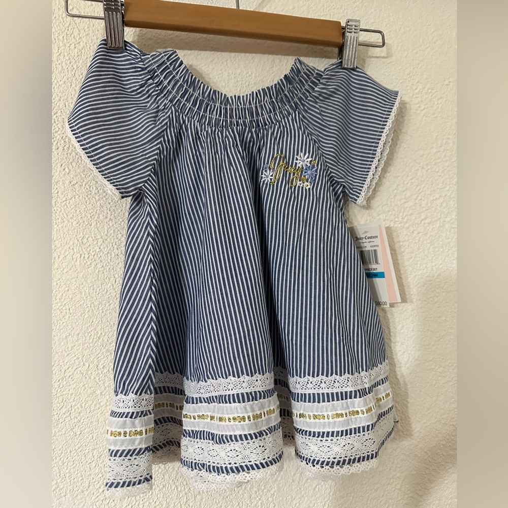 Juicy Couture Dress Girl Blue/White Striped Rayon Short Sleeve Lace Size 24m NWT